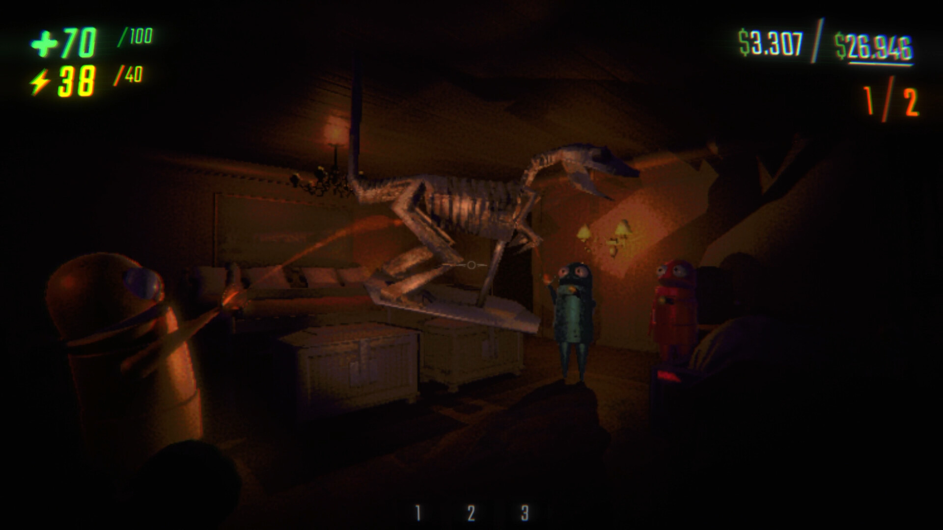 R.E.P.O. gameplay - robots collecting items in a dark warehouse environment